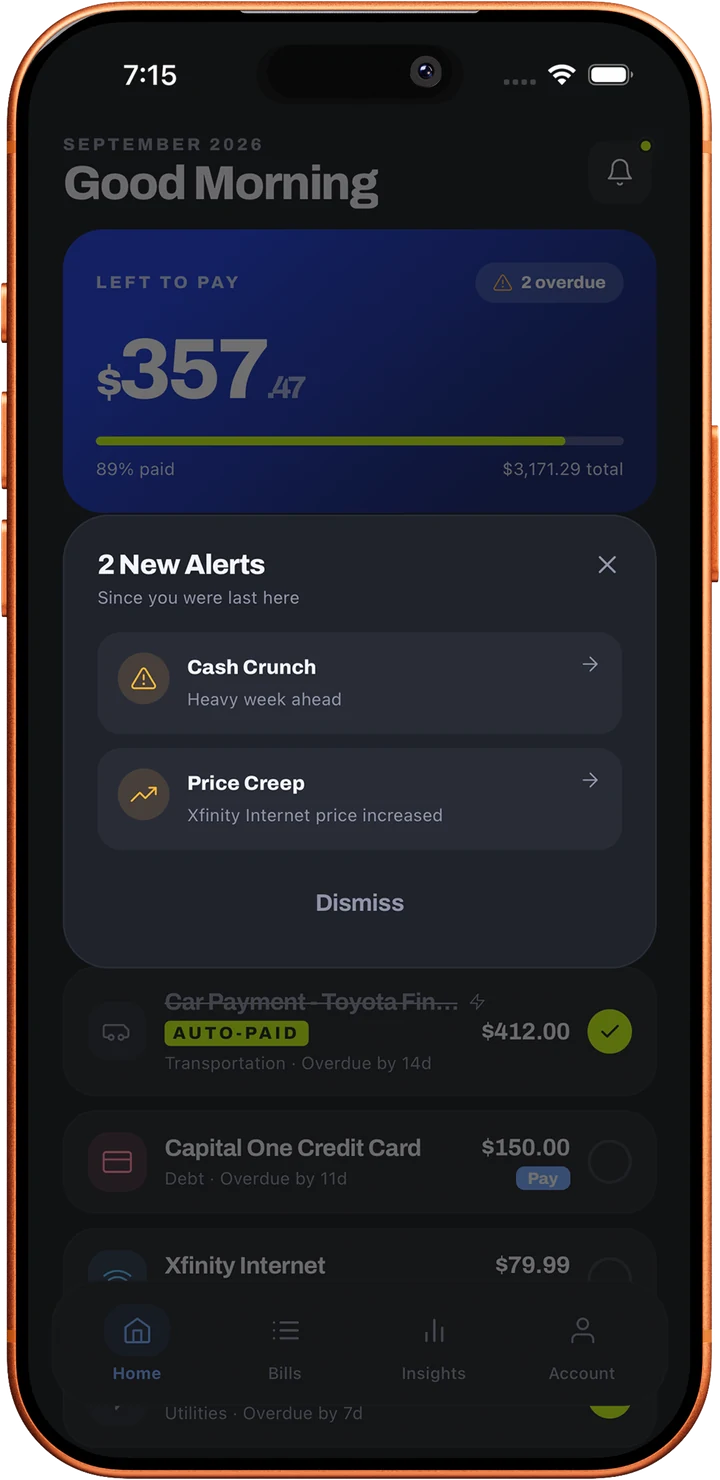 Loulen's alert showing a Cash Crunch warning over the dashboard