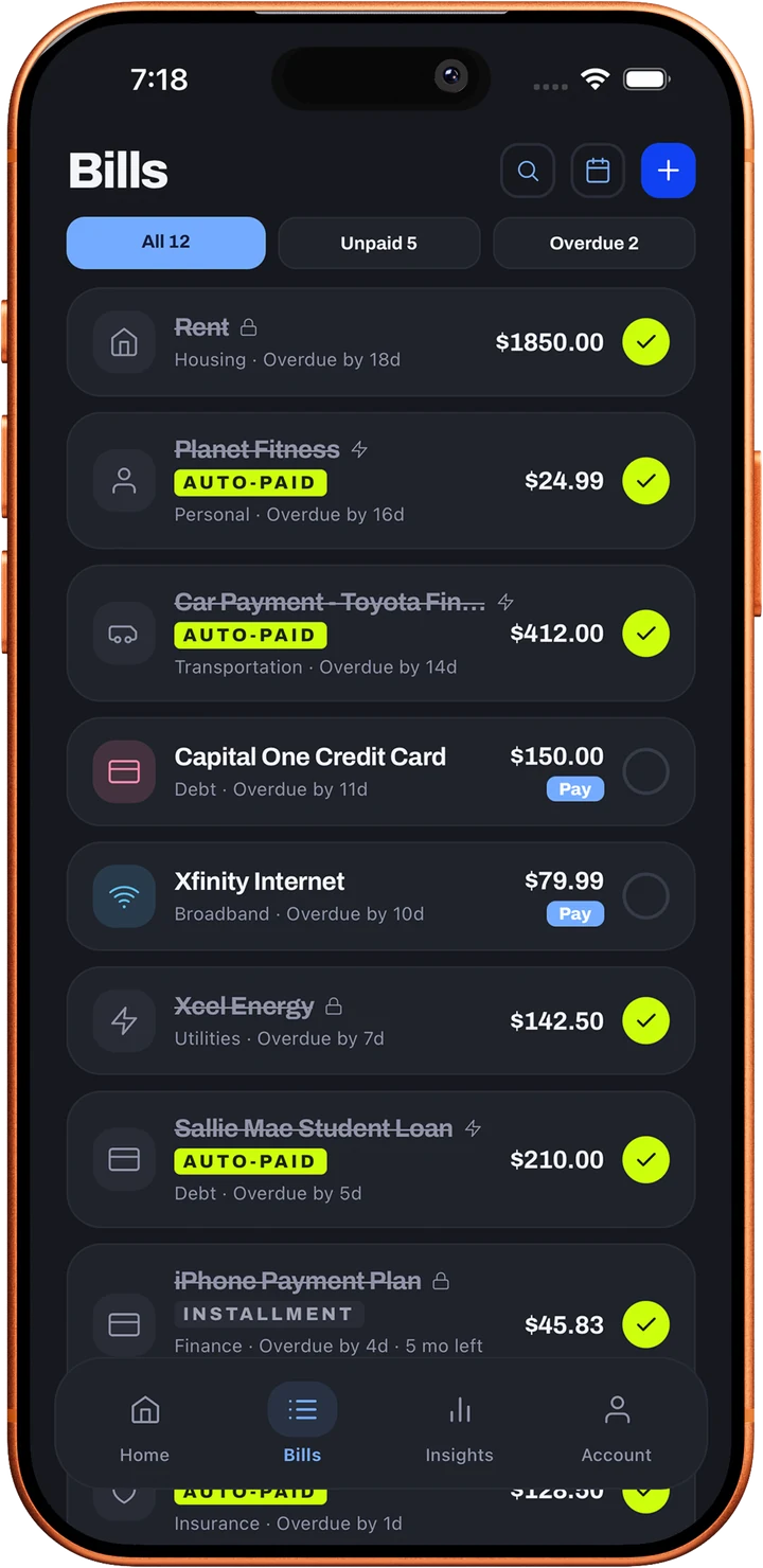 Loulen's Bills list with All, Unpaid and Overdue filters and Pay buttons