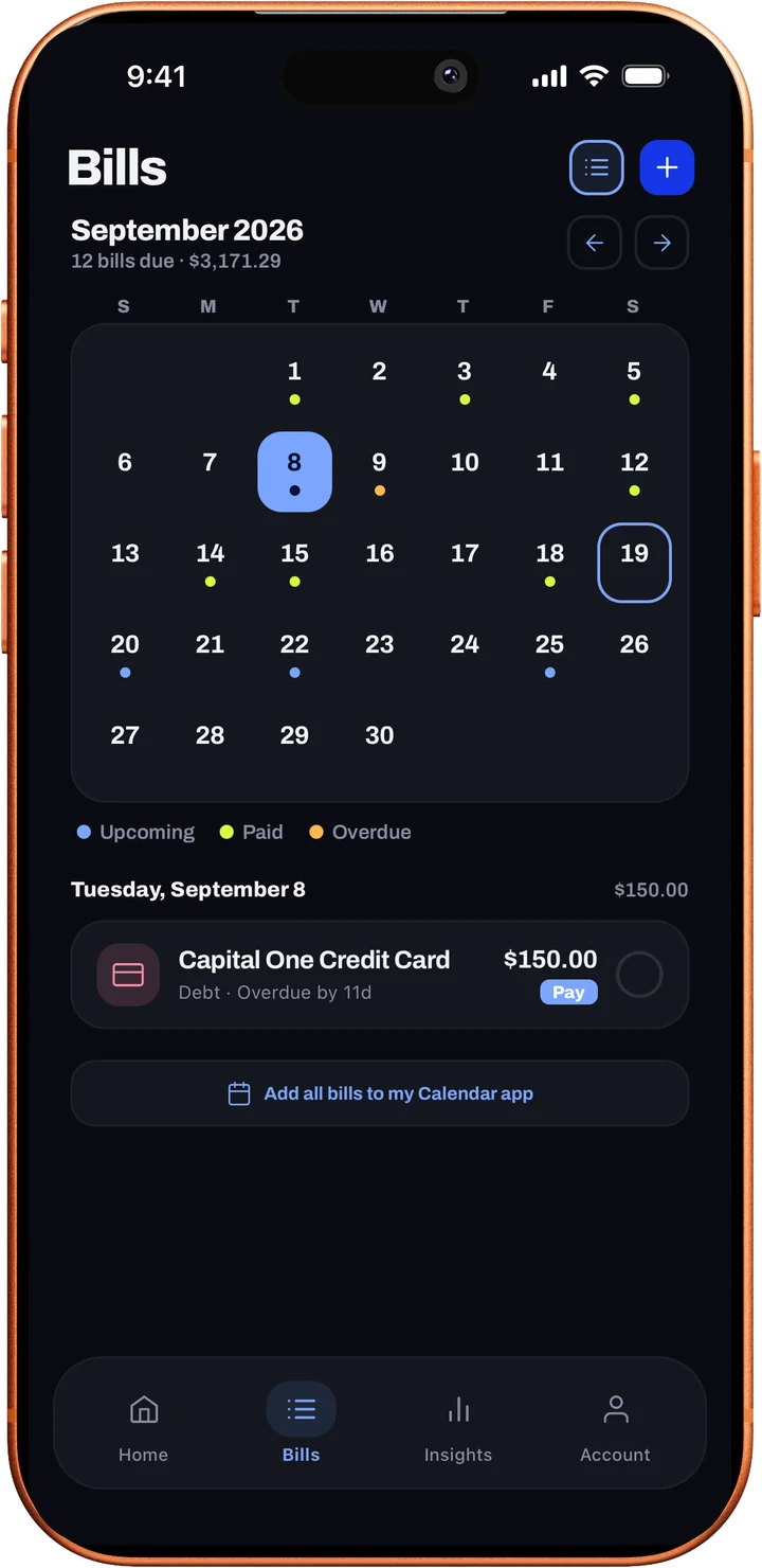 Loulen's Bills calendar for September with paid, upcoming and overdue dots and the selected day's bill listed below