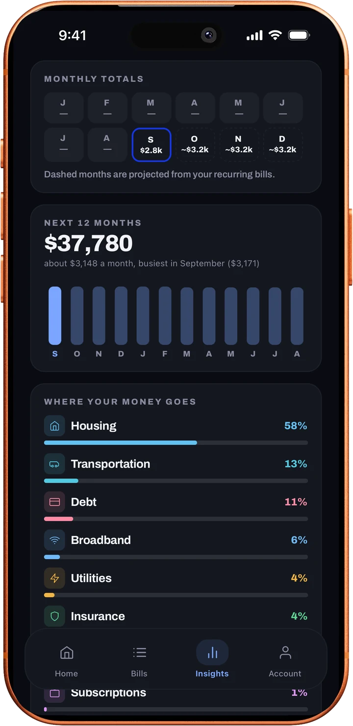 Loulen's Insights with projected monthly totals and a 12-month forecast bar chart