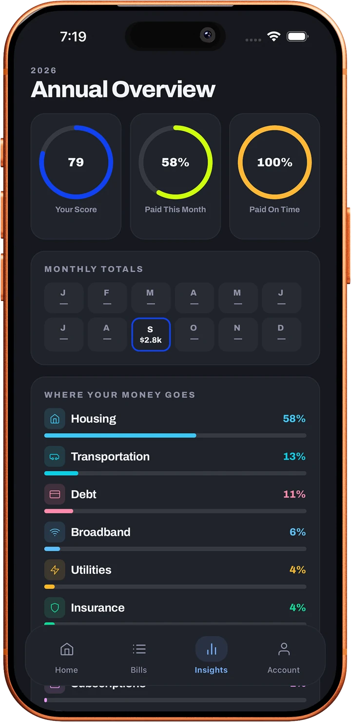 Loulen's Annual Overview with score, paid this month and paid on time rings